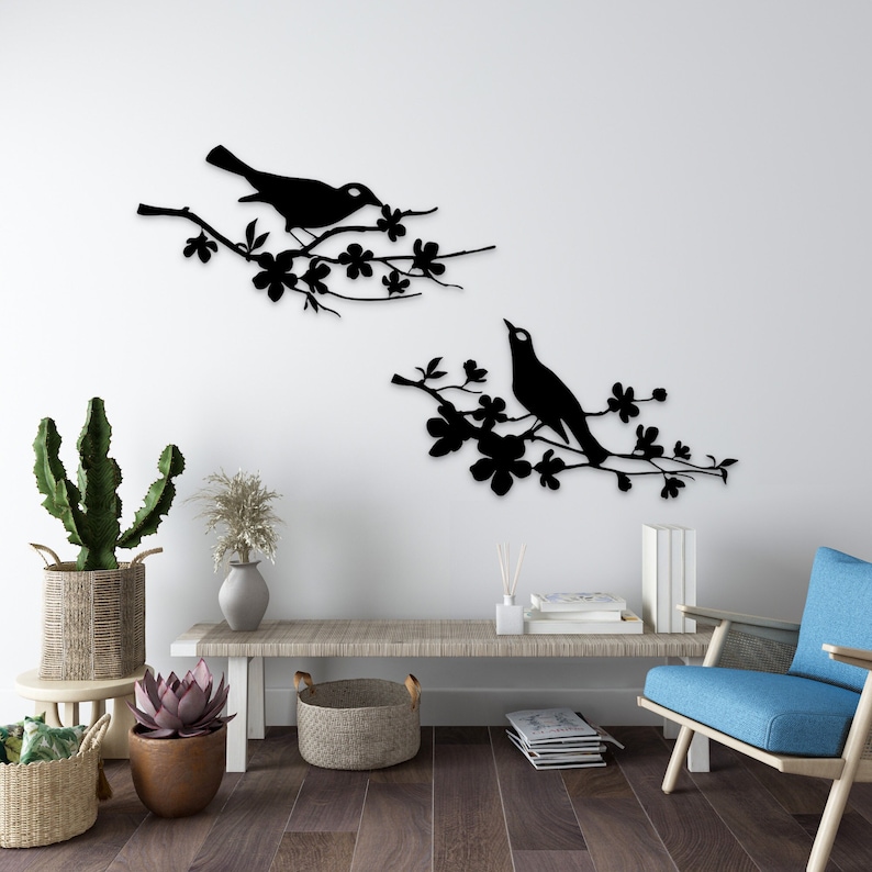 Birds on Cherry Blossom Branch Metal Wall Decor, Tree Metal Wall Art ...