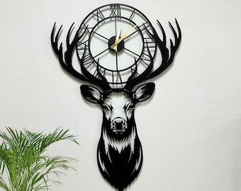 Deer Head Metal Wall Clock, Moose Metal Wall Clock, Farmhouse Wall Clock Gift, Overized Unique Metal Wall Clock, Modern Silent Movement