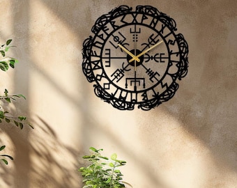 Viking Metal Wall Clock, Nordic Mythology Decor, Huge Vegvisir Rune Clock, Norse Wall Art, Black Iron Clock, Scandinavian Home Decor Gift