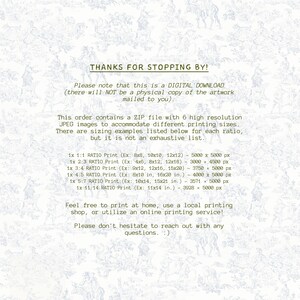 May include: Digital download information sheet with text in black font. The text includes details about the digital download, file types, and printing sizes. The background has a light blue and white floral pattern.