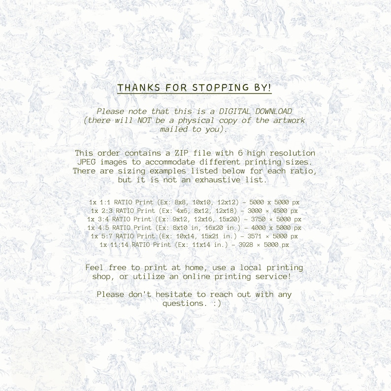 May include: Digital download information sheet with text in black font. The text includes details about the digital download, file types, and printing sizes. The background has a light blue and white floral pattern.