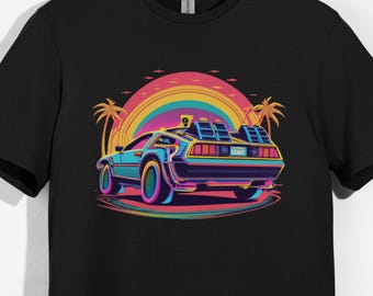 Maglietta retrò anni '80: maglietta anni '80 Delorean Synthwave Neon Sunset
