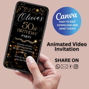 Gold Glitter Birthday Video Invitation: Editable Mobile Evite (Digital Download)