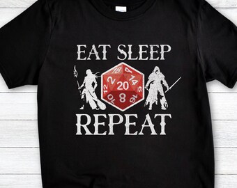 DnD Gamer T-Shirt: Funny "Eat Sleep Repeat" RPG Gamer Tee