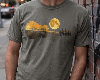 Retro Acoustic Guitar T-Shirt: Golden Moon, Lake, Autumn Trees and City Skyline