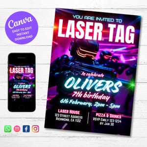 Invitación editable para fiesta de laser tag: temática de ciencia ficción neón para cumpleaños y eventos