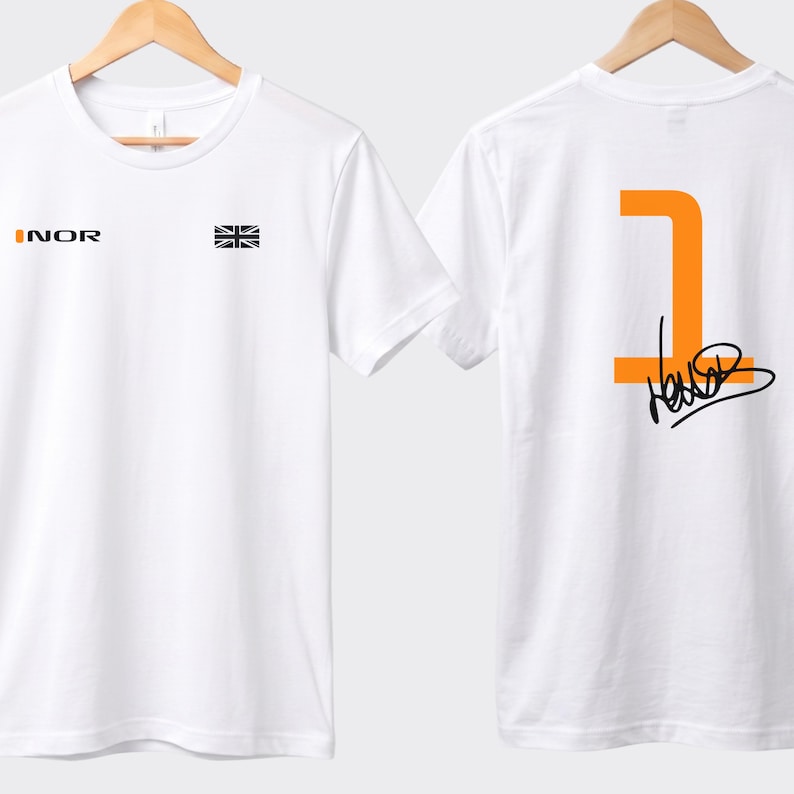 May include: White t-shirt with the word "INOR" in orange and a Union Jack flag on the front. The back of the shirt displays a large orange number "1" and a black signature.