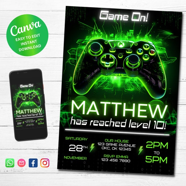 Video Game Party Invitation, Editable Printable Gamer Birthday Invite, Evite Template, Gaming, Game Party, Instant Download