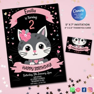 EDITABLE Childrens Cat Birthday Invitation, Cute Birthday Invite, Childrens Party Invite Template, Thankyou - Instant Download