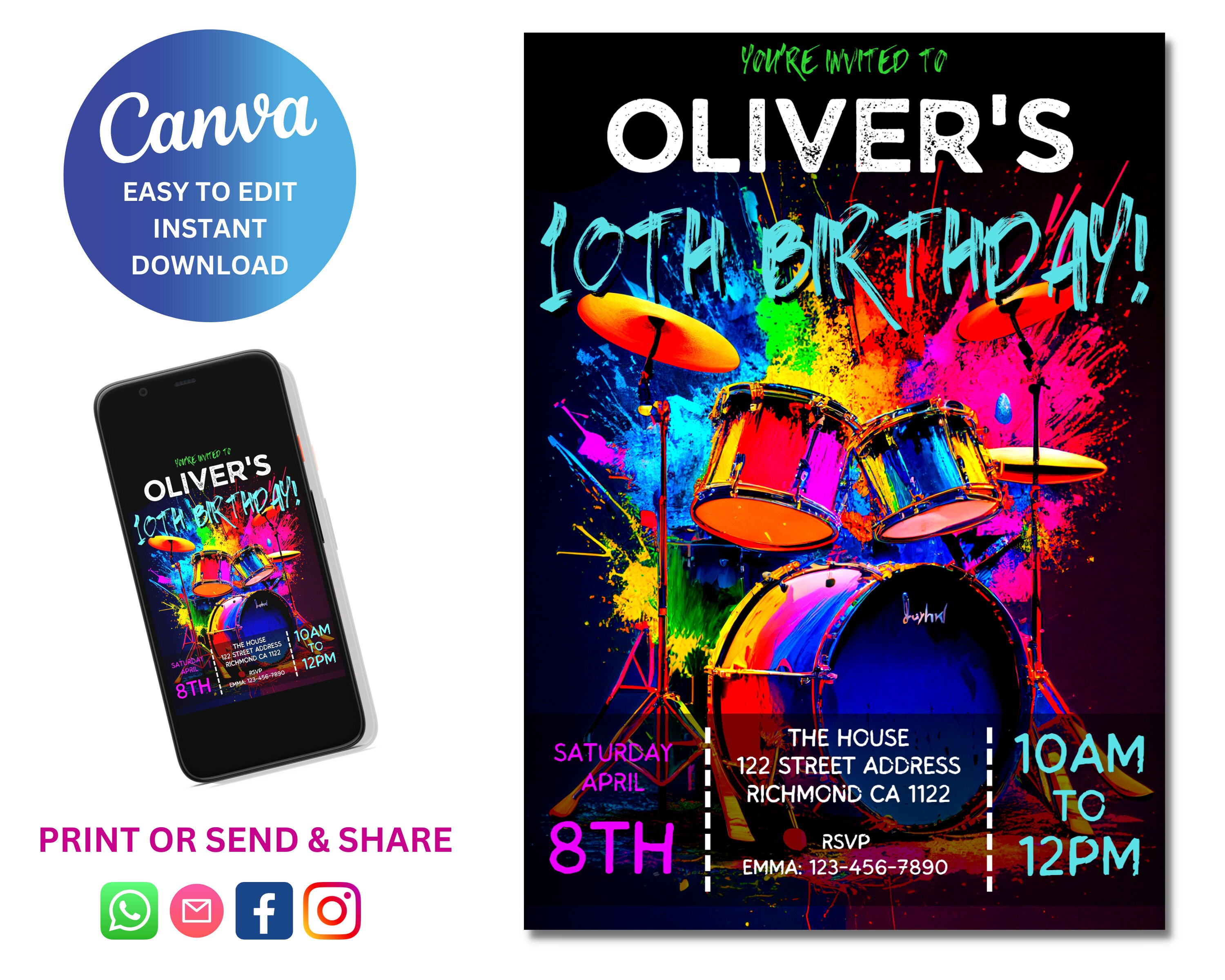 EDITABLE Drums Party Invitation, Printable Drummer Birthday Invite, Neon Colors, Invite Template