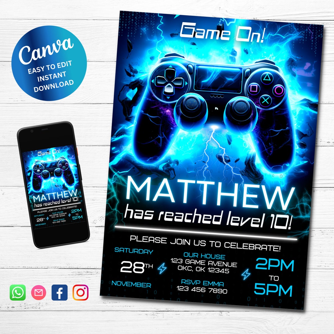 EDITABLE Video Game Party Invitation, Printable Gamer Birthday Invite ...