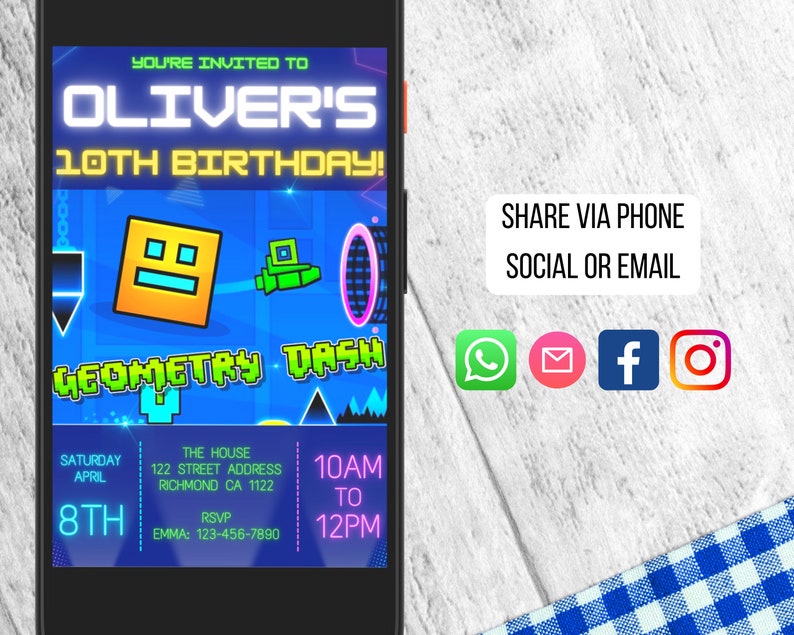Bearbeitbare Geometrie Dash Digitale Geburtstagseinladung druckbare Gamer Party einladen, Danksagungskarte enthalten, Sofortiger Download Bild 3
