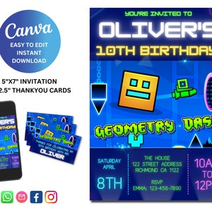 Invitación de cumpleaños digital editable Geometry Dash Invitación a fiesta de jugador imprimible, tarjeta de agradecimiento incluida, descarga instantánea imagen 1