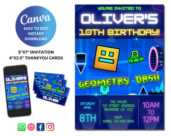 Invitación de cumpleaños digital editable Geometry Dash - Invitación a fiesta de jugador imprimible, tarjeta de agradecimiento incluida, descarga instantánea