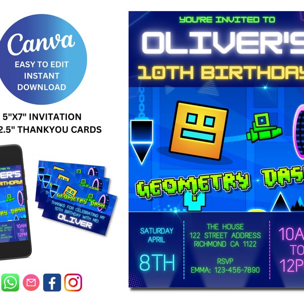 Invitación de cumpleaños digital editable Geometry Dash - Invitación a fiesta de jugador imprimible, tarjeta de agradecimiento incluida, descarga instantánea