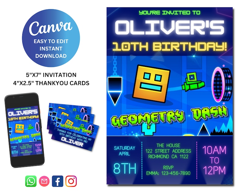 Bearbeitbare Geometrie Dash Digitale Geburtstagseinladung druckbare Gamer Party einladen, Danksagungskarte enthalten, Sofortiger Download Bild 1