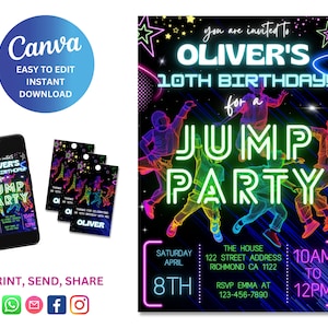 Editable Neon Jump Party Birthday Invitation (Digital Download)