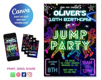 Invitación de cumpleaños editable con tema de salto de neón (descarga digital)