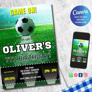 Editable Soccer Birthday Invitation Digital, Soccer Party Invite, Football Birthday Evite, Editable in Canva Printable Download