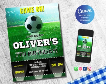 Invitación de cumpleaños de fútbol editable: Invitación para fiesta de Canva (Descarga digital)