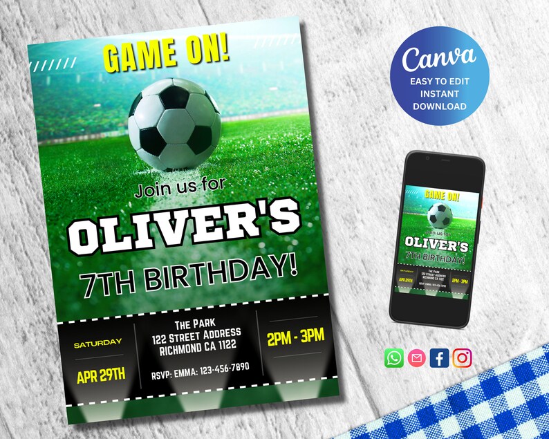 Editable Soccer Birthday Invitation Digital, Soccer Party Invite