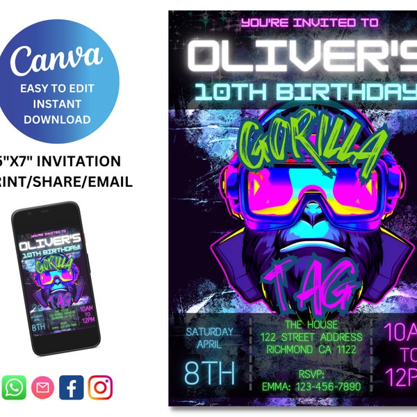 EDITABLE Gorilla Tag VR Birthday Party Invitation, Personalized Instant Download, Print, Share, Send
