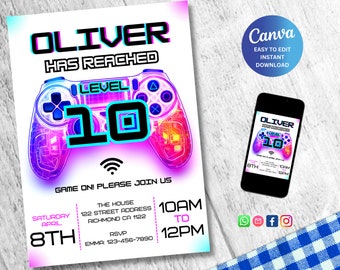 Editable Gamer Birthday Invitation: Neon Game Controller (Instant Download)