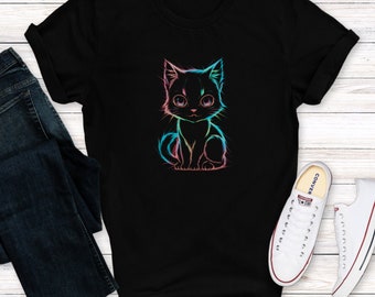 Camisa de gato de neón, lindo dibujo de gato de línea de neón, regalo para los amantes de los gatos, camiseta unisex softstyle