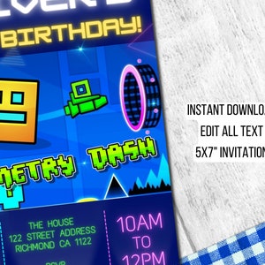 Editable Geometry Dash Digital Birthday Invitation Printable Gamer Party Invite, Thankyou Card Included, Instant Download image 2