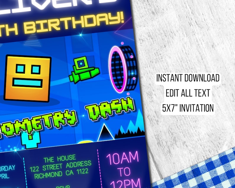 Editable Geometry Dash Digital Birthday Invitation Printable Gamer Party Invite, Thankyou Card Included, Instant Download image 2