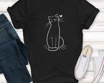 Simple Cute Cat T-Shirt, Minimalist Cat Drawing & Heart, Gift for Cat Lovers - Unisex T-Shirt