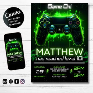 Invitation de fête de jeu vidéo modifiable pour l'anniversaire de joueur | Modèle Evite imprimable pour une soirée gaming | Faire-part à téléchargement immédiat vert