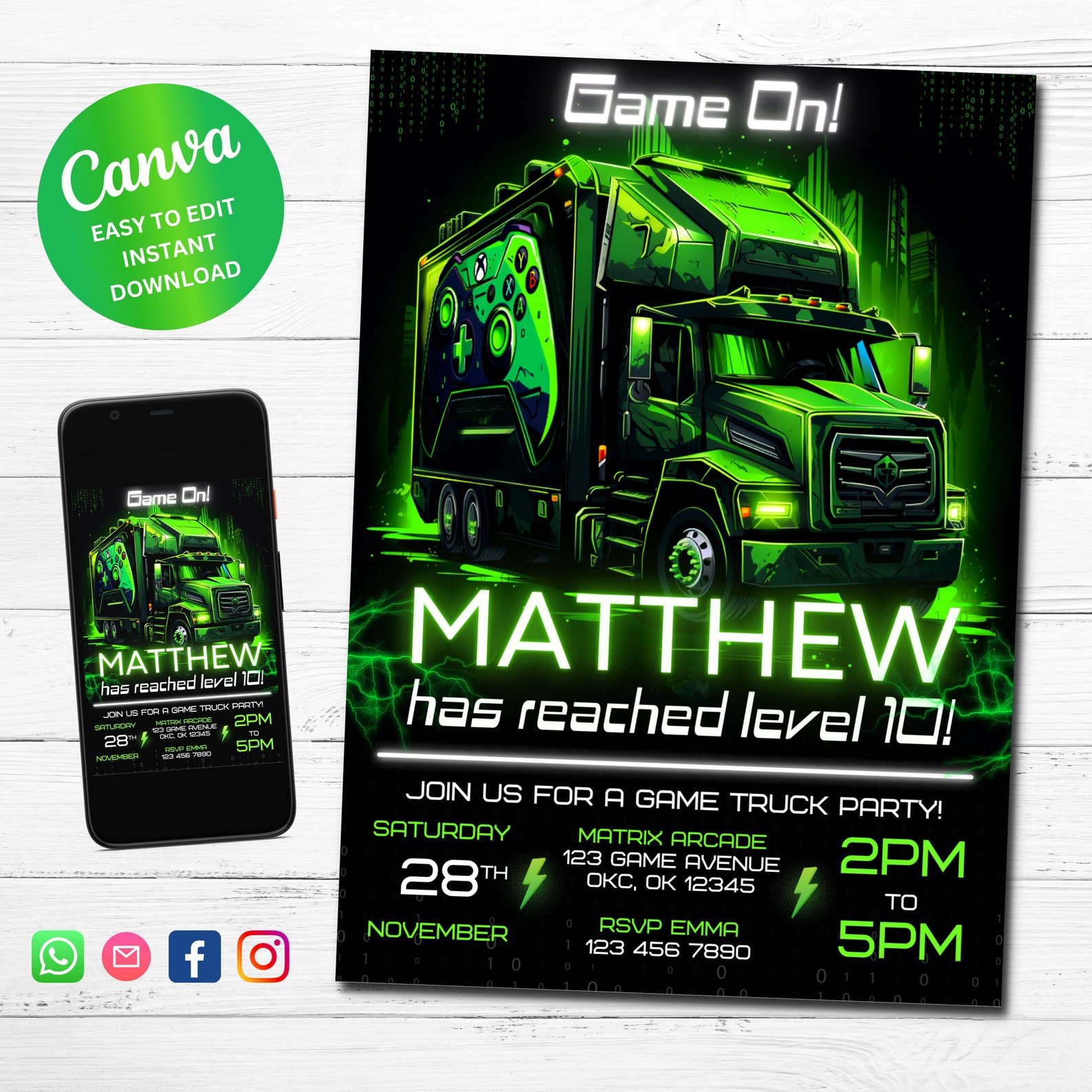 Gamer Truck Party Invitation, Editable Video Game Gaming Bus Birthday ...