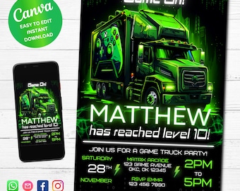 Gamer Truck Birthday Invitation: Editable Gaming Bus Party (Digital Printable)