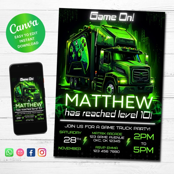 Gamer Truck Party Invitation, Editable Video Game Gaming Bus Birthday Invite, Gaming Van, Digital Printable Invite, Editable Canva