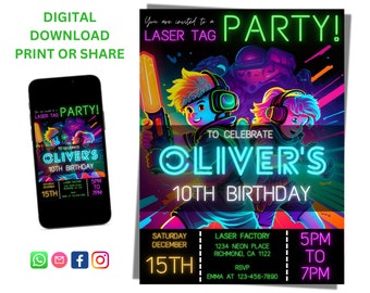 Laser Tag Party Invitation, Print, Social Share, Personalized Invite, Birthday Party - Digital/Printable