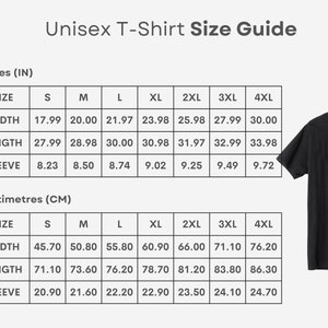 K&ouml;nnte beinhalten: Unisex-T-Shirt Gr&ouml;&szlig;entabelle in Zoll und Zentimetern. Die Tabelle zeigt die Ma&szlig;e f&uuml;r Breite, L&auml;nge und &Auml;rmel f&uuml;r die Gr&ouml;&szlig;en S bis 4XL.