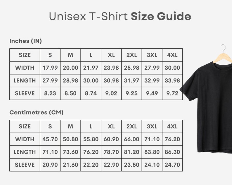 K&ouml;nnte beinhalten: Unisex-T-Shirt Gr&ouml;&szlig;entabelle in Zoll und Zentimetern. Die Tabelle zeigt die Ma&szlig;e f&uuml;r Breite, L&auml;nge und &Auml;rmel f&uuml;r die Gr&ouml;&szlig;en S bis 4XL.