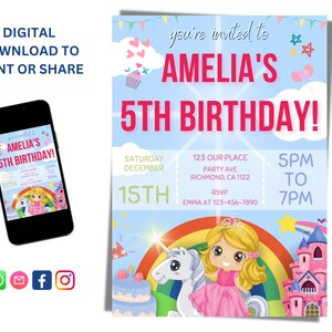 Editable Princess Unicorn Birthday Invitation: Rainbow Party (Digital Download)