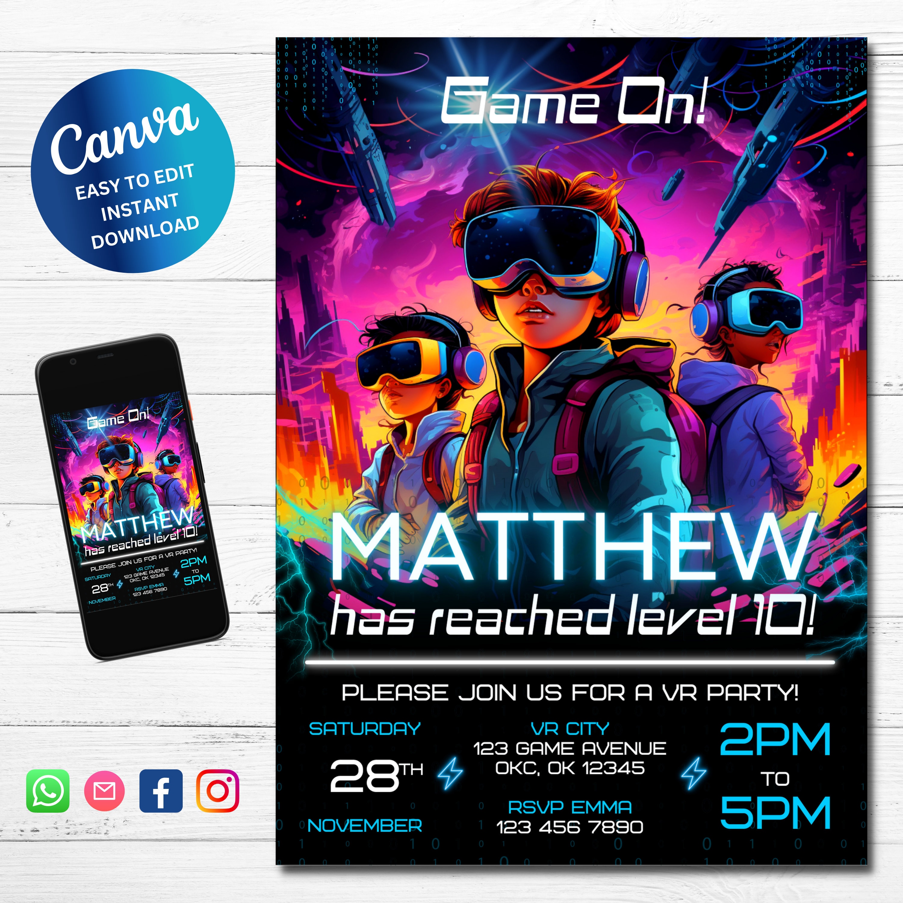 Editable VR Brithday Party Invitation, Virtual Reality Party, Instant Download, Printable, Gamer