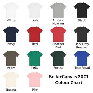 Op de afbeelding: Een kleurenkaart met verschillende t-shirtkleuren. Kleuren zijn onder meer wit, as, athletic heather, zwart, marine, rood, heather rood, donkergrijze heather, leger, kelly, bos, koningsblauw, naturel en roze. De tekst luidt "Bella+Canvas 3001 Colour Chart".