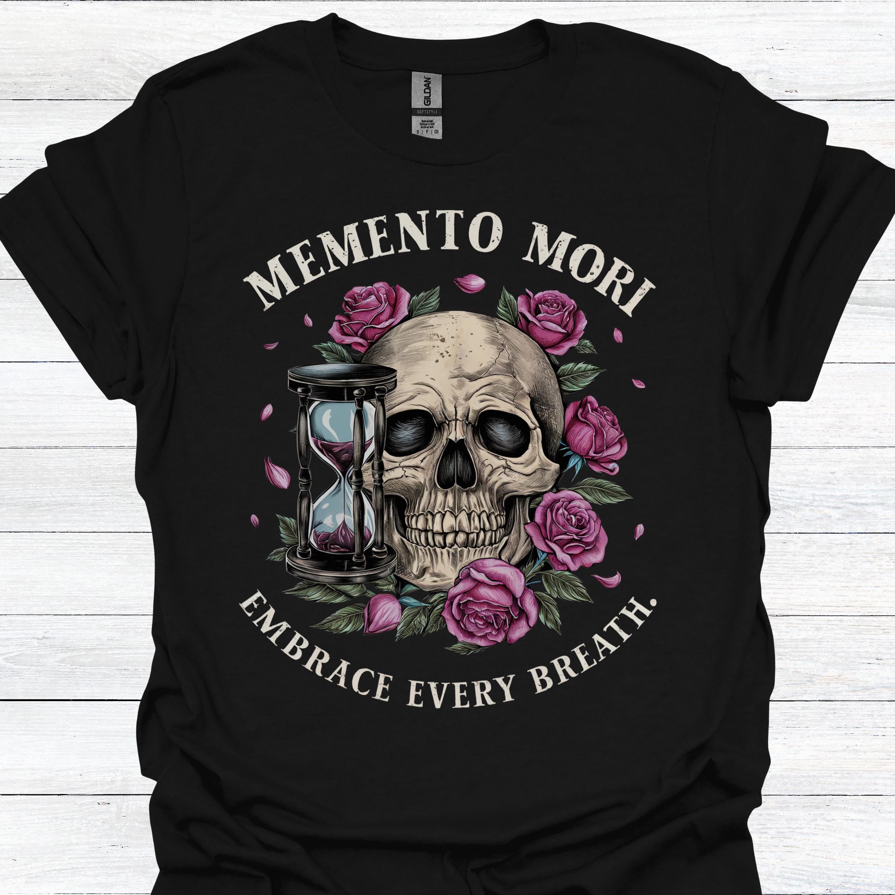Memento Mori T-Shirt: Vintage Skull, Roses, Hourglass Graphic