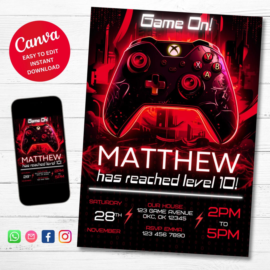 Red Neon Video Game Birthday Invitation: Editable Gamer Party (digital ...