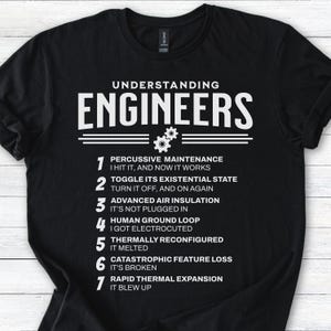 Op de afbeelding: Zwart T-shirt met witte tekst "UNDERSTANDING ENGINEERS". Het shirt geeft humoristische engineering probleemoplossingsstappen weer. Een geweldig cadeau voor ingenieurs en STEM-gebieden.