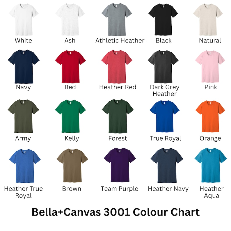 May include: A colour chart of Bella+Canvas 3001 t-shirts in various colours, including white, black, navy, red, and pink. The chart displays the names of each colour, such as "Athletic Heather" and "Heather Aqua".