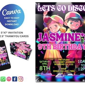 Bewerkbare disco-feestuitnodiging, dansfeest, gepersonaliseerde verjaardagsuitnodiging Instant Download, bedankkaart, felle kleuren, afdrukken en delen