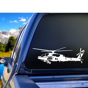 May include: White silhouette of an Apache helicopter on a black background. The helicopter is facing right and has a detailed design.