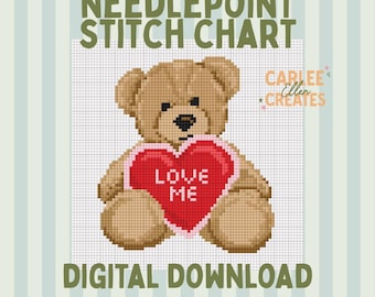 Teddy Bear Needlepoint Chart | Love Me Heart Needlepoint Pattern | Valentine Needlepoint Design | 13 & 18 Mesh | Instant Download