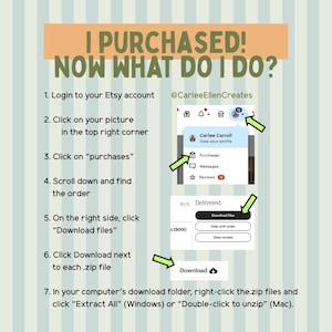 May include: A step-by-step guide on how to download files from Etsy after a purchase. The image includes text instructions, screenshots, and arrows pointing to specific actions, such as clicking on "Download files". The text reads "I PURCHASED! NOW WHAT DO I DO?"