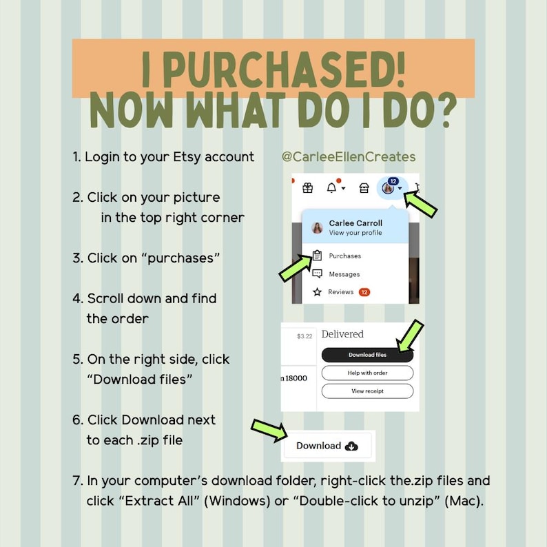 May include: A step-by-step guide on how to download files from Etsy after a purchase. The image includes text instructions, screenshots, and arrows pointing to specific actions, such as clicking on "Download files". The text reads "I PURCHASED! NOW WHAT DO I DO?"